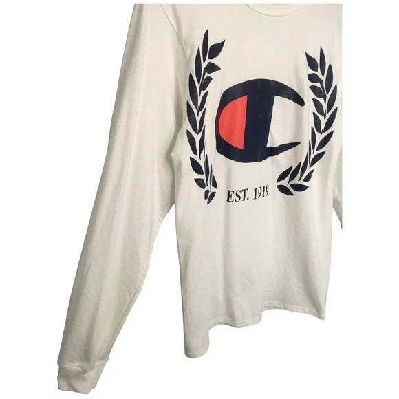 Champion Mens Small Heritage Logo Cotton Shirt Round Neck Long Sleeves White - Picture 3 of 12